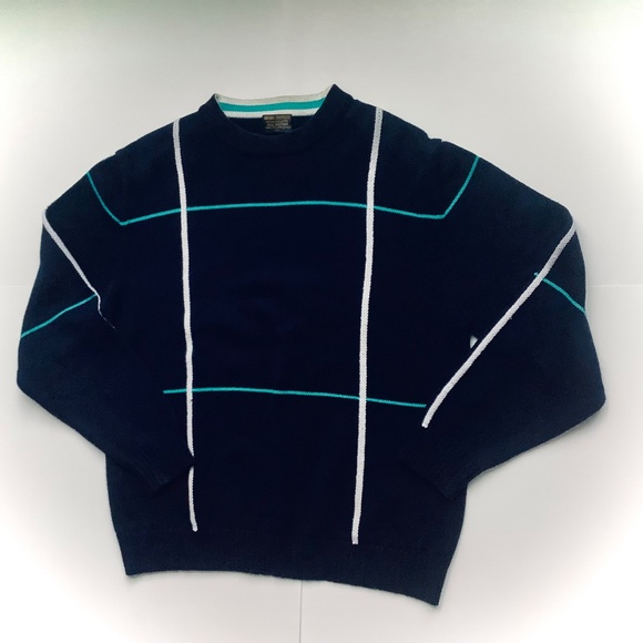 BROOKS BROTHERS NAVY BLUE AND WINDOW PANE STRIPE PATTERN COTTON SWEATER - Picture 5 of 5